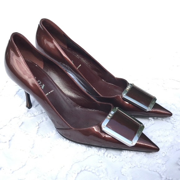 Prada Shoes - Prada Brown Leather Loafer heels silver buckle 37